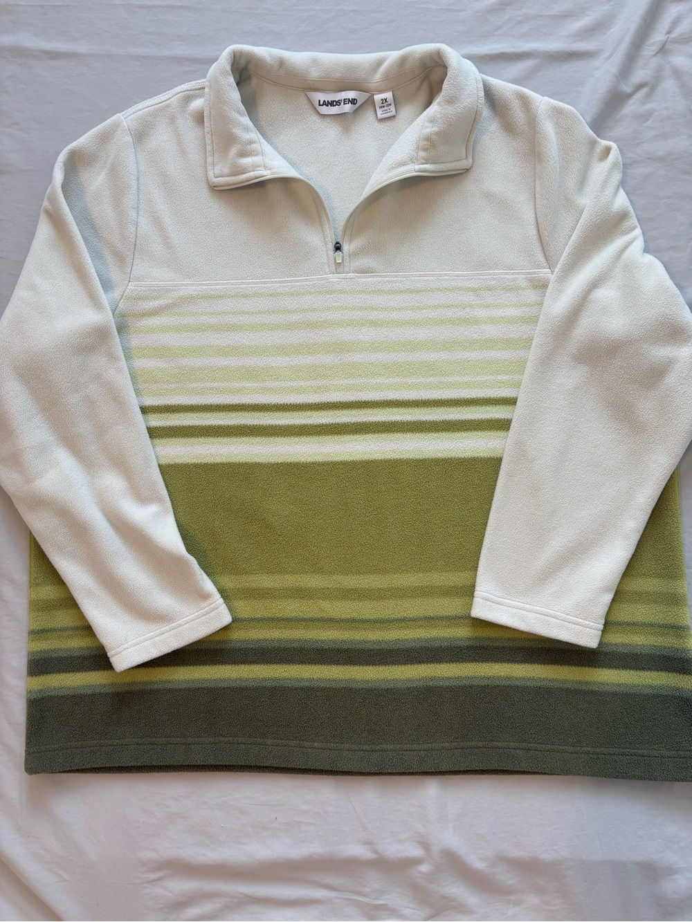 Lands’ End 2X Quarter Zip Fleece Pullover Green Cream Striped Plus Size